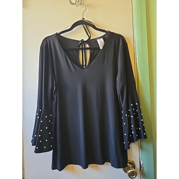 Sue Levine Black Blouse Shirt Pearls Sleeves Tie Back Women's Size Large Elegant - Picture 2 of 10